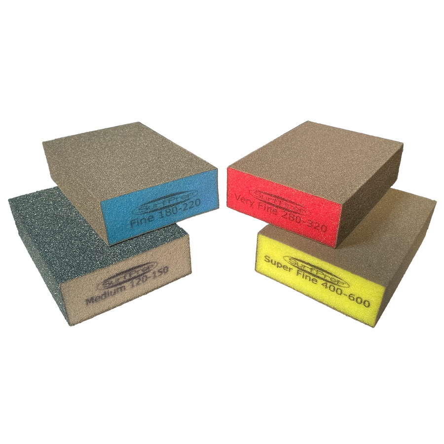 SurfPrep 1 inch hand sanding sponge blocks, color-coded by grit