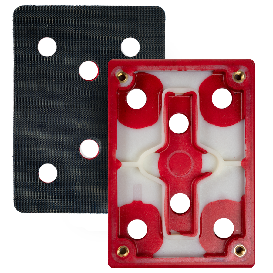 SurfPrep 3x4 inch hook and loop backup pad with 6 holes for vacuum sanding